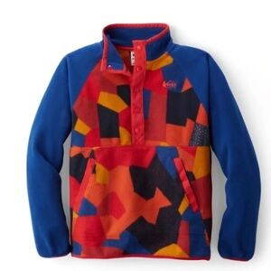 REI Kids T-Snap Fleece Pullover Retro Abstract Colorblock Outdoor Blue Orange L